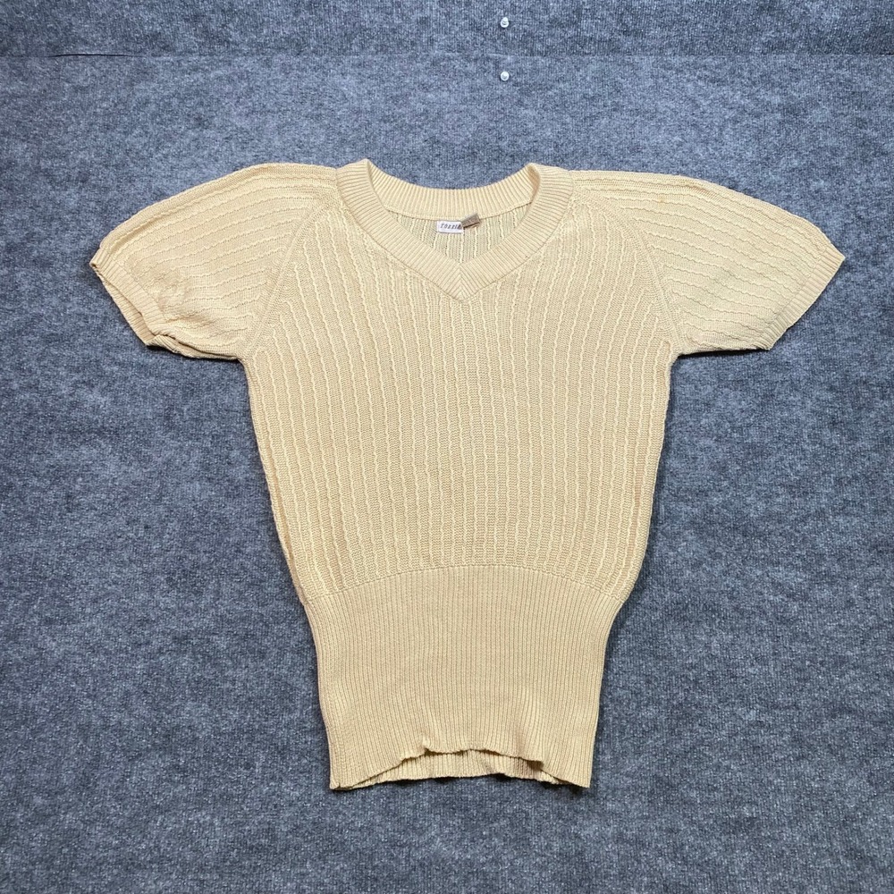Tobria‎ Vintage 90s Yellow Ribbed Knit V-Neck Short Sleeve Cotton Sweater Large